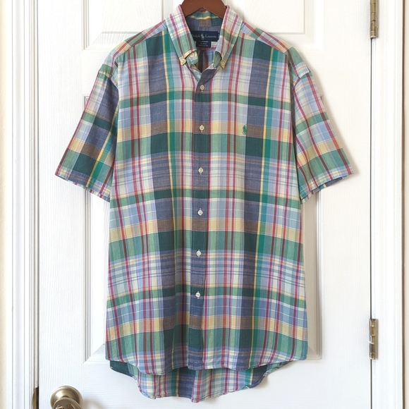 Ralph Lauren 90's Vintage Blake Plaid Short Sleeve Button Down Shirt Green M - Picture 1 of 11